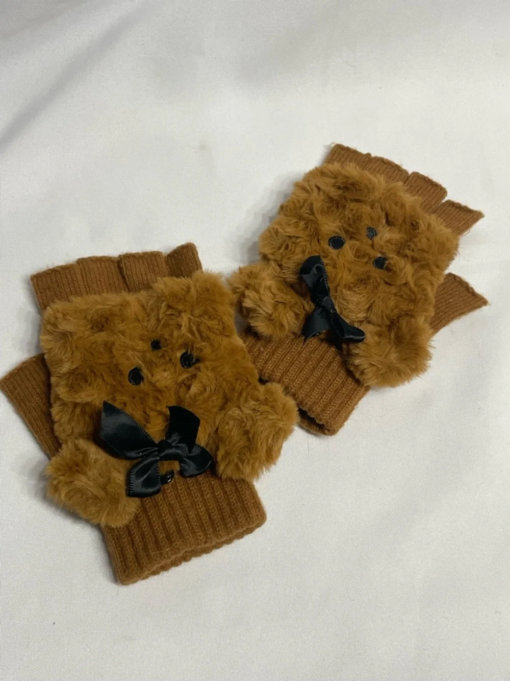 Girls One Size Cute Teddy Bear Convertible Mittens to Fingerless Gloves Like New